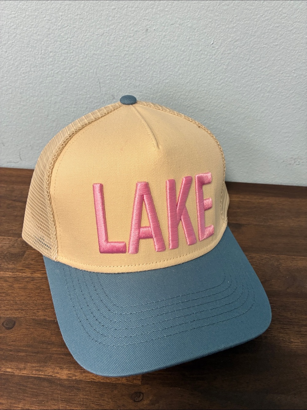 LAKE Trucker Hat in Cream and Blue with Pink Embroidery